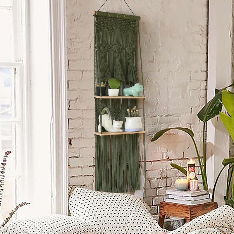 Flber Hanging Shelf Macrame Wall Hanging Green Boho Shelfs with Tassels 2 Tier Floating for Plants Bedroom Dorm Living Room Wall Decor Rustic Wooden Organizer(Wood) - Image 5